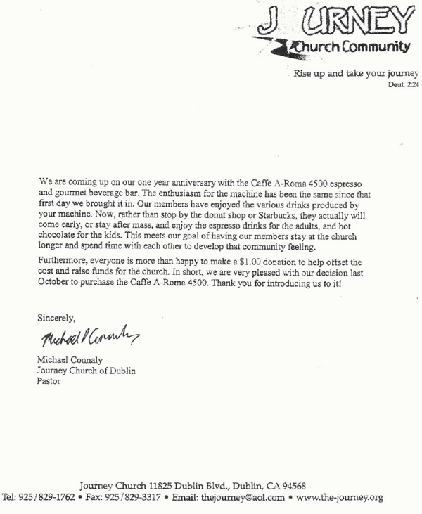 Testimonial from Journey Community Church on the Aroma Coffee Machine.