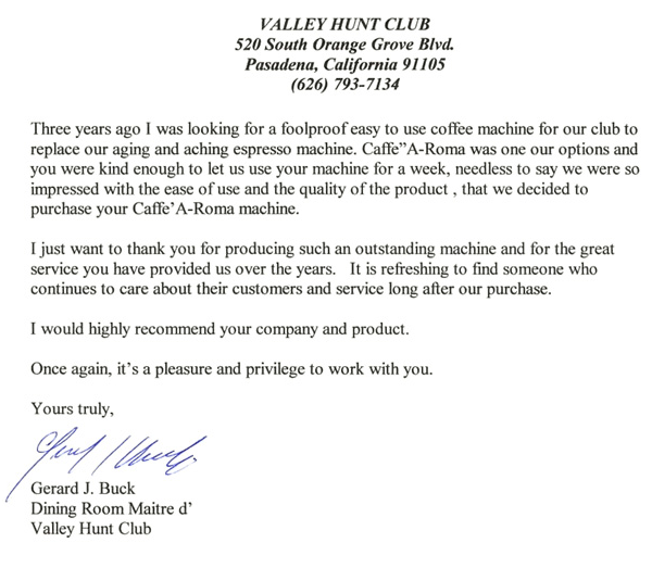 Testimonial from Valley Hunt Club in Cudahy, Southern California.