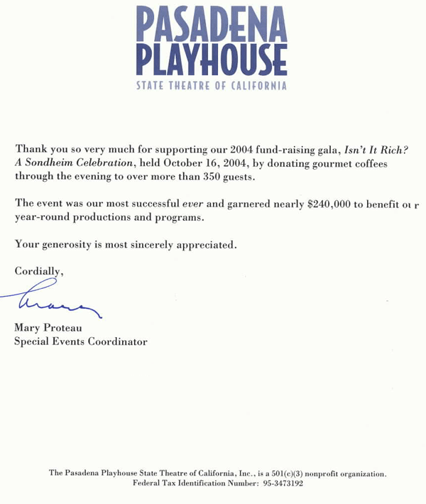 Testimonial Letter From Cudahy Playhouse Fundraiser - coffee delivery service.